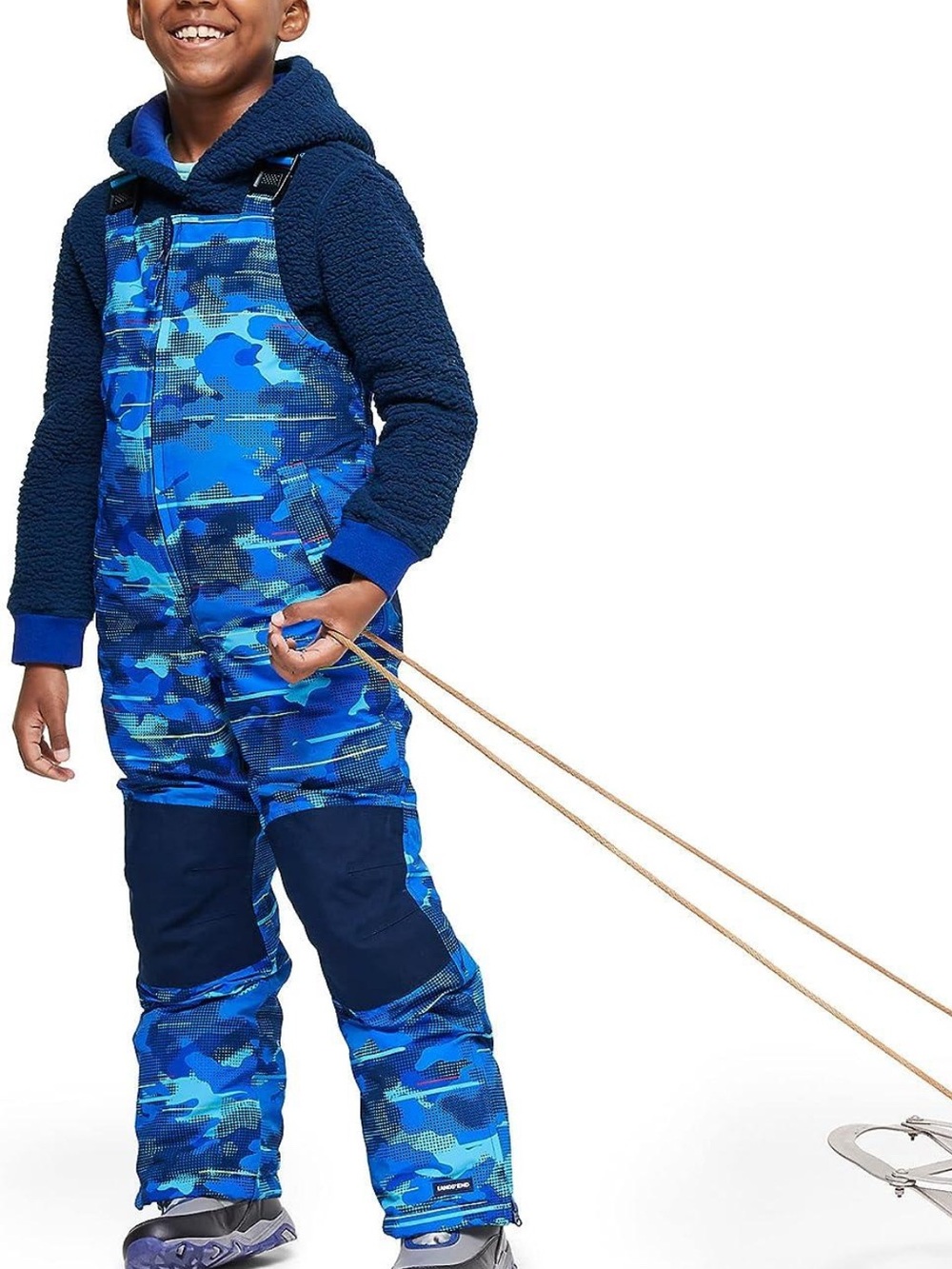 Lands’ End Kids Slim Squall Waterproof Iron Knee Snow Bibs Blue Camo 12 Husky